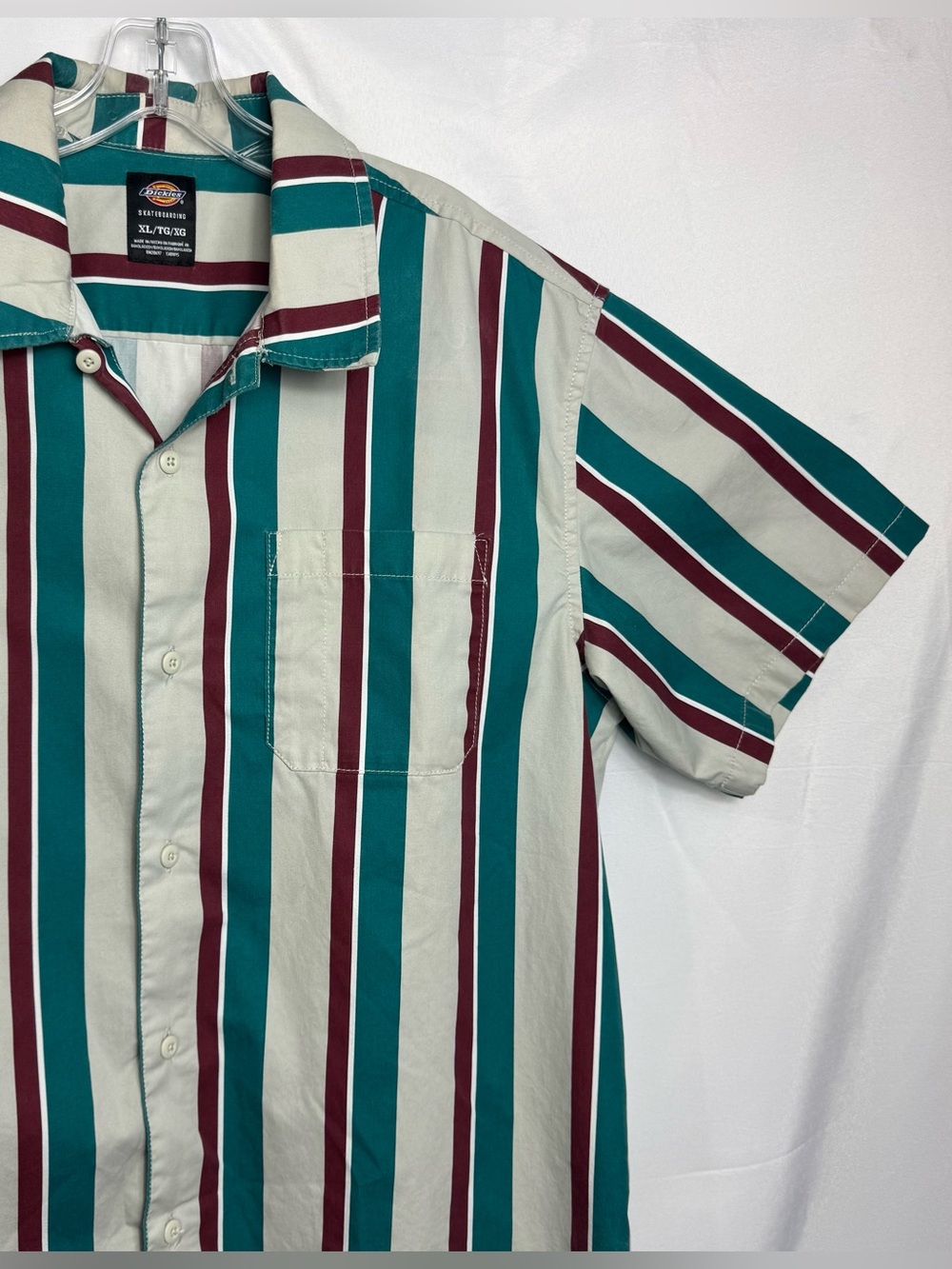 Dickies Men’s Short Sleeve Button-Up Shirt - Teal, Burgundy & Cream